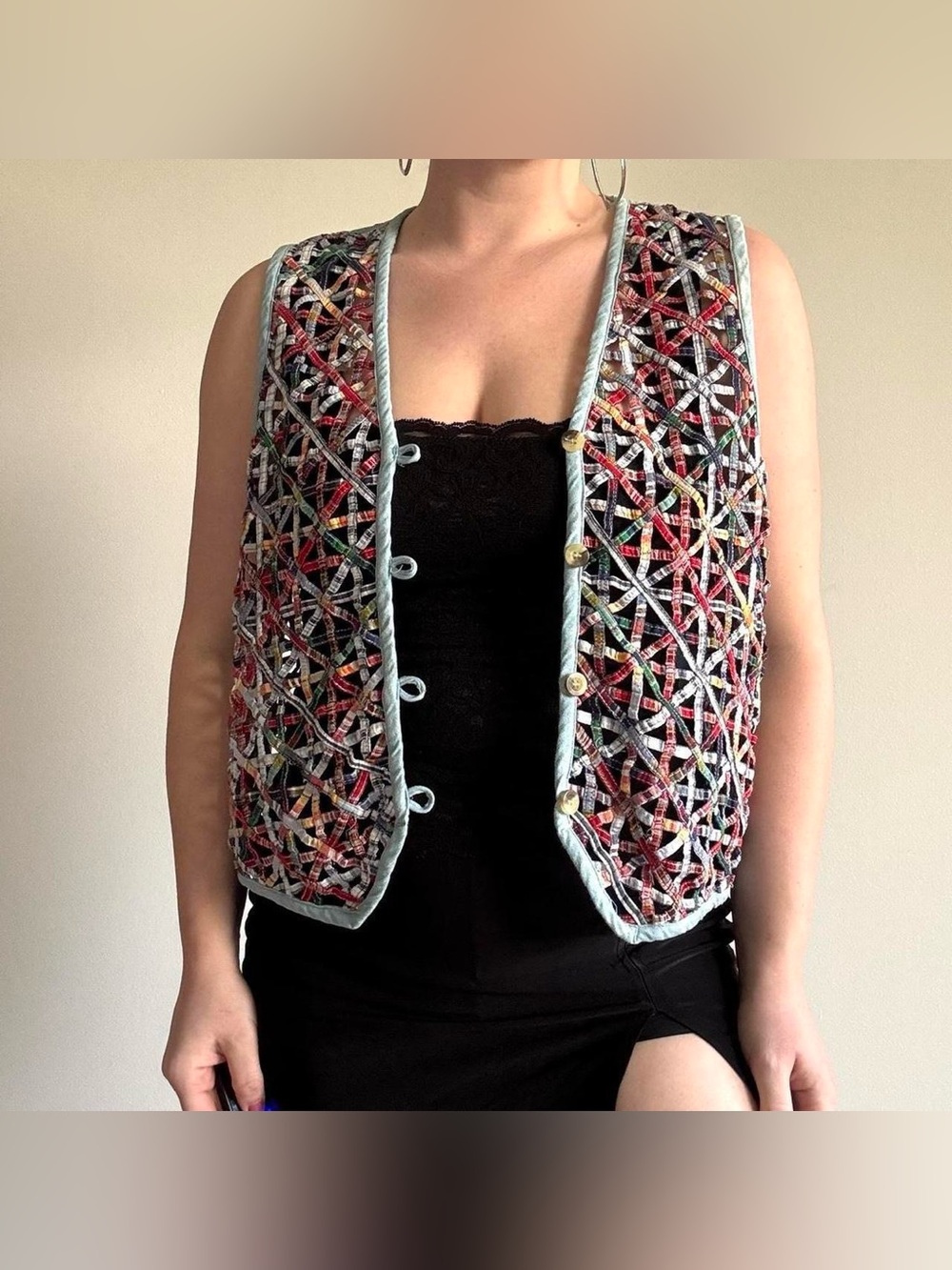 Cascade Blues light blue denim and rainbow patchwork quilted vest